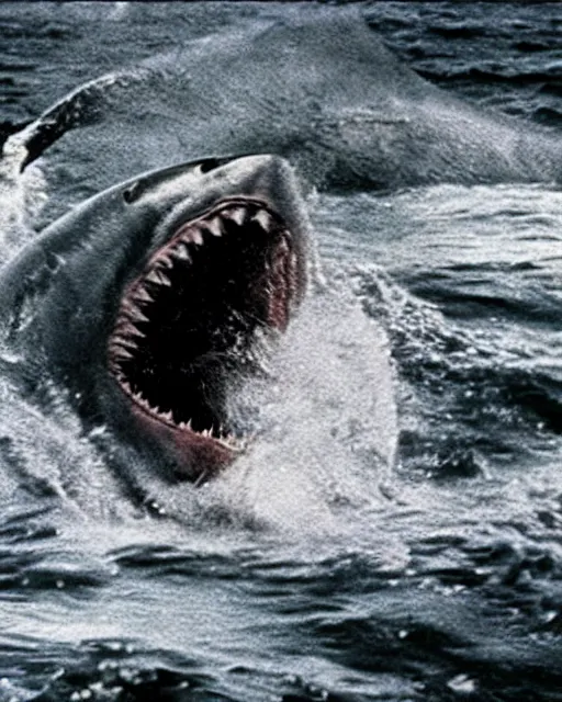 Prompt: film still close up shot of dwayne johnson fighting with a shark in the movie jaws. photographic, photography