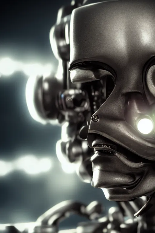 Image similar to closeup shot of a cyborg head, macro shot, dof, cinematic, volumetric lighting, studio shot, octane render, 4 k