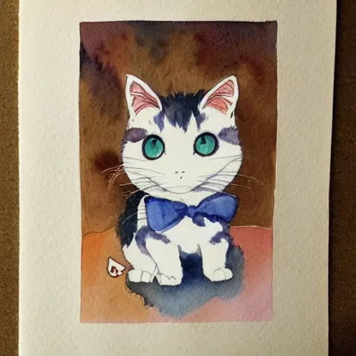 Prompt: a watercolour painting of a cute calico cat in style of ghibli