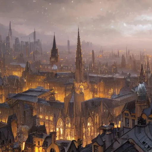 Image similar to an ultra detailed matte painting of the capital city of galic, grid shaped city cobblestone streets, fantasy capital city, light snowfall, wind, inspiring gothic architecture, ultrawide lense, aerial photography, unreal engine, exquisite detail, 8 k, art by greg rutkowski and alphonse mucha
