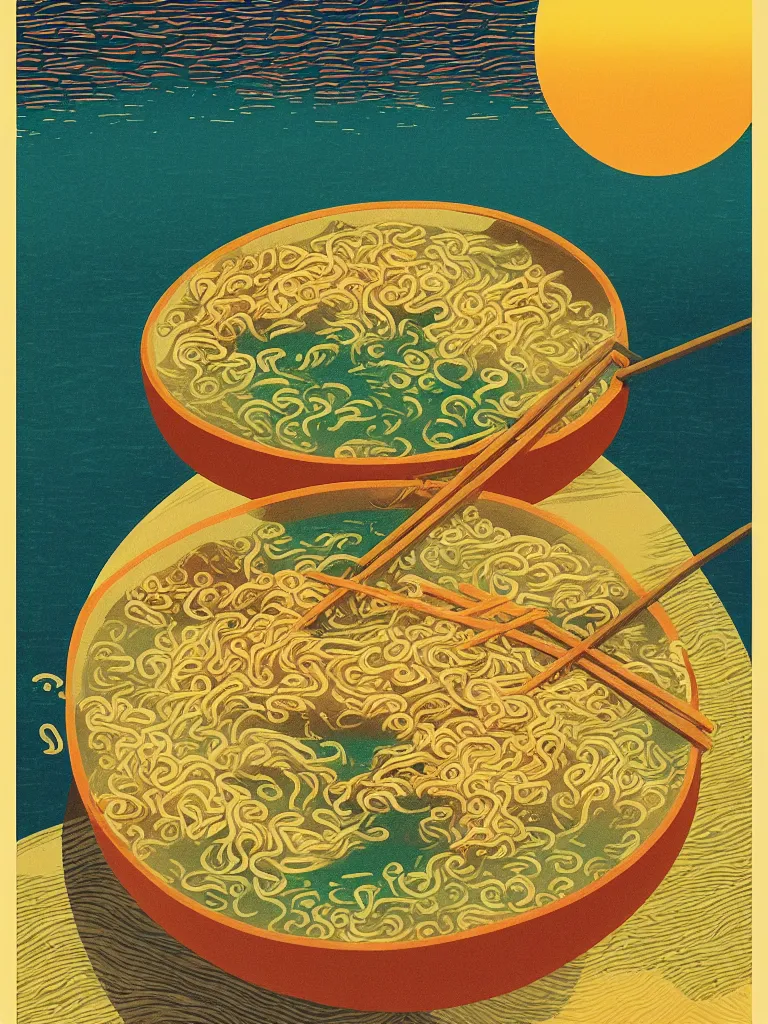 Prompt: ! dream bowl of ramen in the sea at sunset in the style of hasui kawase, as a bauhaus vintage exhibition poster, vintage, grainy