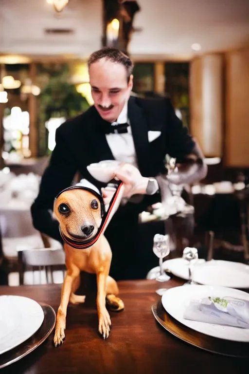 Image similar to a dog - headed waiter at the reception of a fancy restaurant