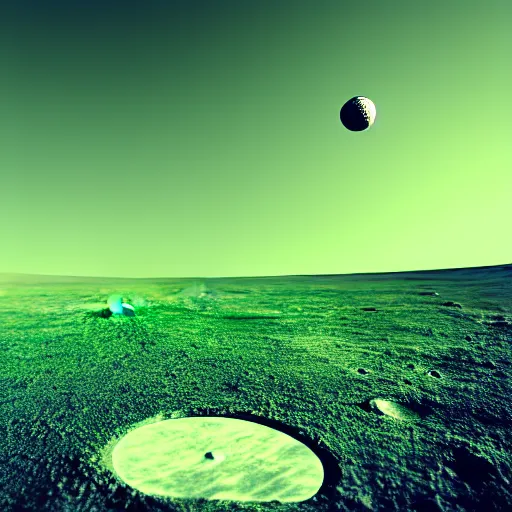 Image similar to a photography of a green soccer pitch on the moon, extreme long shot