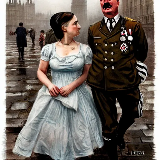 Image similar to adolf hitler wearing a dress in london geog darrow greg rutkowski