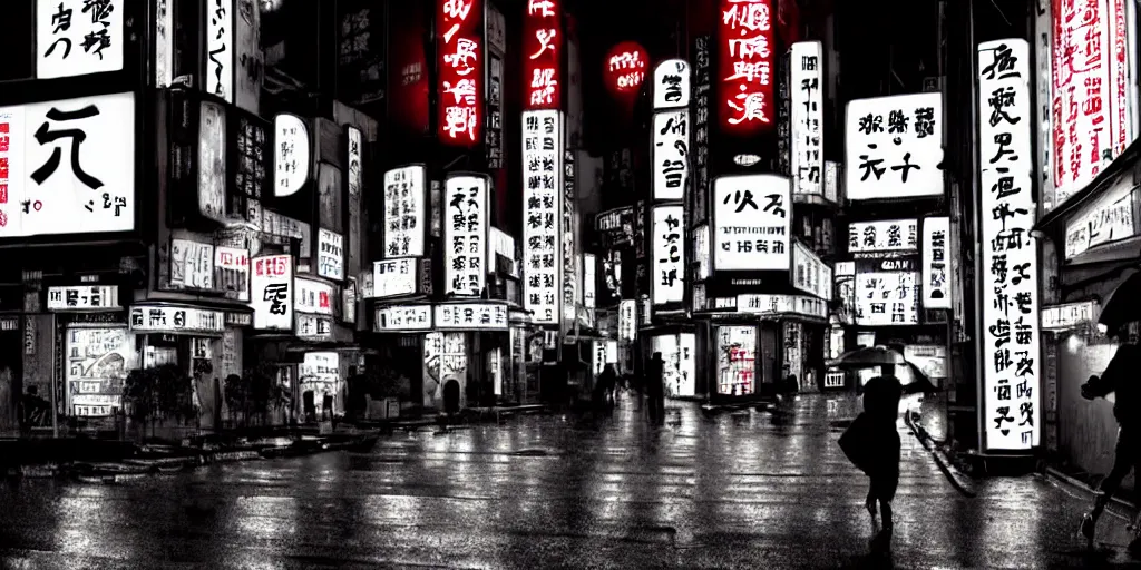 Image similar to Noir Cyberpunk Tokyo with neon signs in Japanese, raining, dark, gloomy atmosphere in style of 60-s Movies. Symbolism, Detailed Art, 8K, Epic, Dynamic Light.