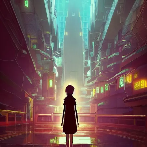 Image similar to the forgotten cyberpunk temple core deep underground, wide shot, peaceful and serene, incredible perspective, anime scenery by Makoto Shinkai and studio ghibli, very detailed