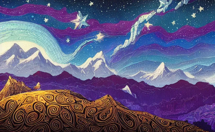 Prompt: mountains, stars and paisley filled sky, artstation, intricate, highly detailed, digital painting, concept art, sharp focus, illustration by Megan Duncanson and Ivan Bilibin