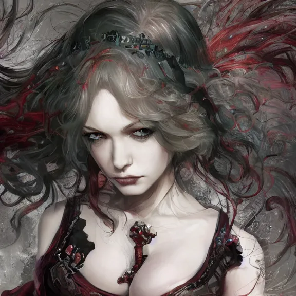 Image similar to christina hendricks!!!!! goth!!!!!, tankoban, 4 k, tone mapping, akihiko yoshida, james jean andrei riabovitchev marc simonetti, yoshitaka amano, long hair, curly, h. hydrochaeri