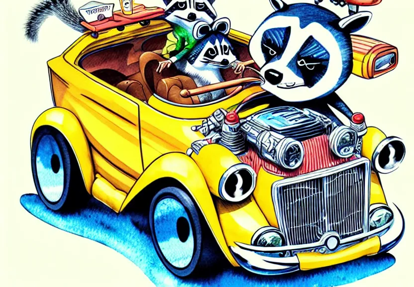 Image similar to cute and funny, racoon with funny expression riding in a tiny hot rod coupe with oversized engine, ratfink style by ed roth, centered award winning watercolor pen illustration, isometric illustration by chihiro iwasaki, edited by range murata