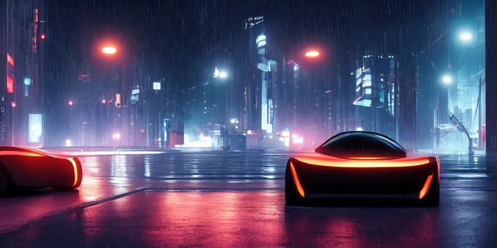 Image similar to cinematic movie scene, beautiful Product shot film still of a Syd Mead futuristic modern sleek automobile with bright headlights on a wet street at night in cyperpunk city, motion, hard surface modeling, volumetric soft lighting, style of Stanley Kubrick cinematography, 8k H 768