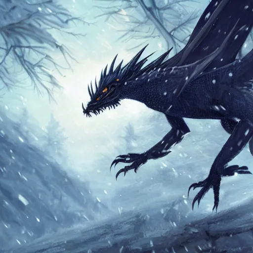 Image similar to handsome cute black dragon in snowy forest, dnd character, background focus, fantasy, magic, realistic textured skin, hawk feather, hawk wings, lizard legs, lizard pose, big eyes, clear clean, by lya kushinov, Avetetsuya Studios, Alexandra Fomina artstation, by Makoto Shinkai, digital 2D, matte painting