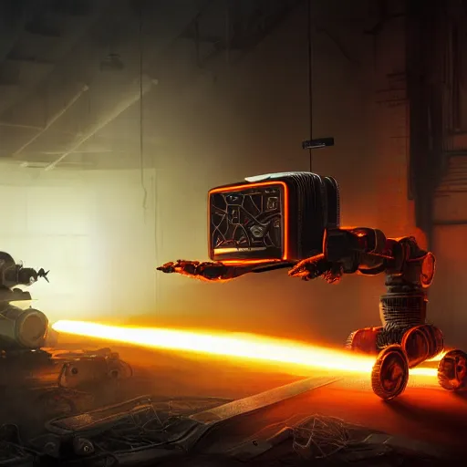 Image similar to toaster oven robot, mechanical, machine, octane render, sharp focus, hyper - realistic, intricate, detailed, eduard pronin, luka mivsek, ruan jia, dark messy smoke - filled cluttered workshop, dark, dramatic lighting, orange tint, sparks, cinematic, highly detailed, sci - fi, futuristic, movie still