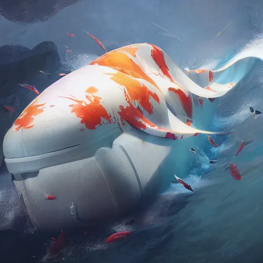 Image similar to subsurface scattering, white, giant submarine, koi colors vibes, octane render, jesper ejsing, justin gerard, james jean, tomasz alen kopera, cgsociety, fenghua zhong, makoto shinkai, highly detailed, rim light, art, cinematic lighting, very coherent, hyper realism, 8 k