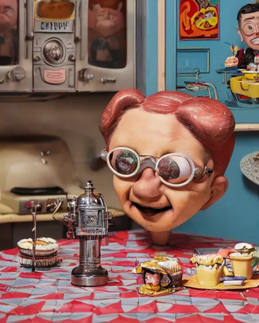 Image similar to highly detailed closeup, face profile portrait of a tin toy robert crumb in a retro 1 9 5 0 s kitchen eating cakes, depth of field, fashion photoshoot by nicoletta ceccoli, mark ryden, lostfish, dan decarlo, bob clampett, max fleischer, breathtaking, detailed and intricate environment, 8 k resolution, hyperrealistic, octane render