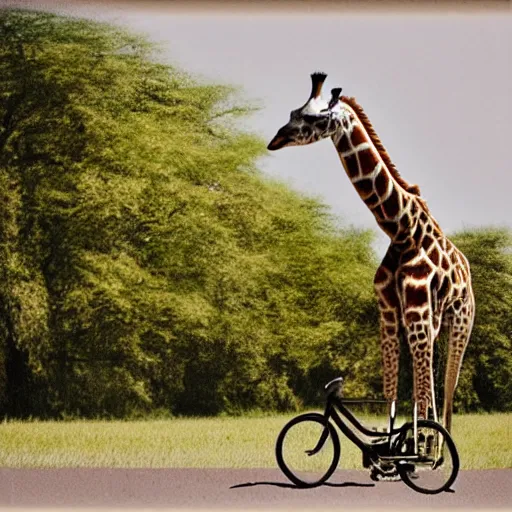 Prompt: a giraffe riding a bike, realistic, kodak, photoreal