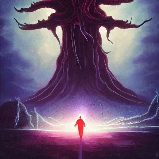 Image similar to Stranger Things, Eleven standing in front of the gargantuan Mind Flayer from Stranger Things, stunning atmosphere, in Style of Peter Mohrbacher, moody night lighting