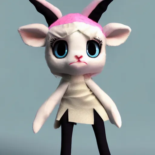 Prompt: cute fumo plush of a goat girl with horns, anime girl, artstation, vray