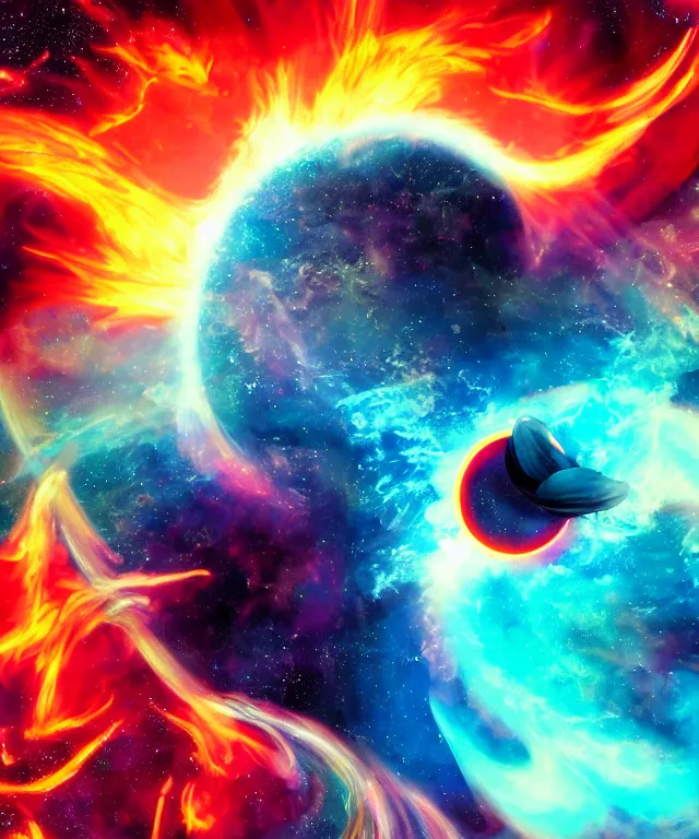 Image similar to black hole, sun, space, bright colors, surreal art, perfect composition, phoenix flames, nebula clouds, soft tones