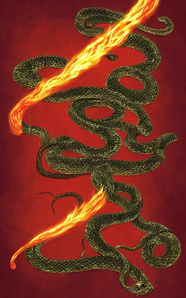 Image similar to a snake wrapped around a flaming sword, digital art.