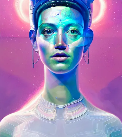 Image similar to portait of mark zuckerberg Mexican pearlescent interstellar Goddess wearing a futuristic slim dress exposed in cryo chambers by James Jean, pink and white theme, intricate, elegant, highly detailed, centered, digital painting, artstation, concept art, smooth, sharp focus, illustration, by Peter Mohrbacher,