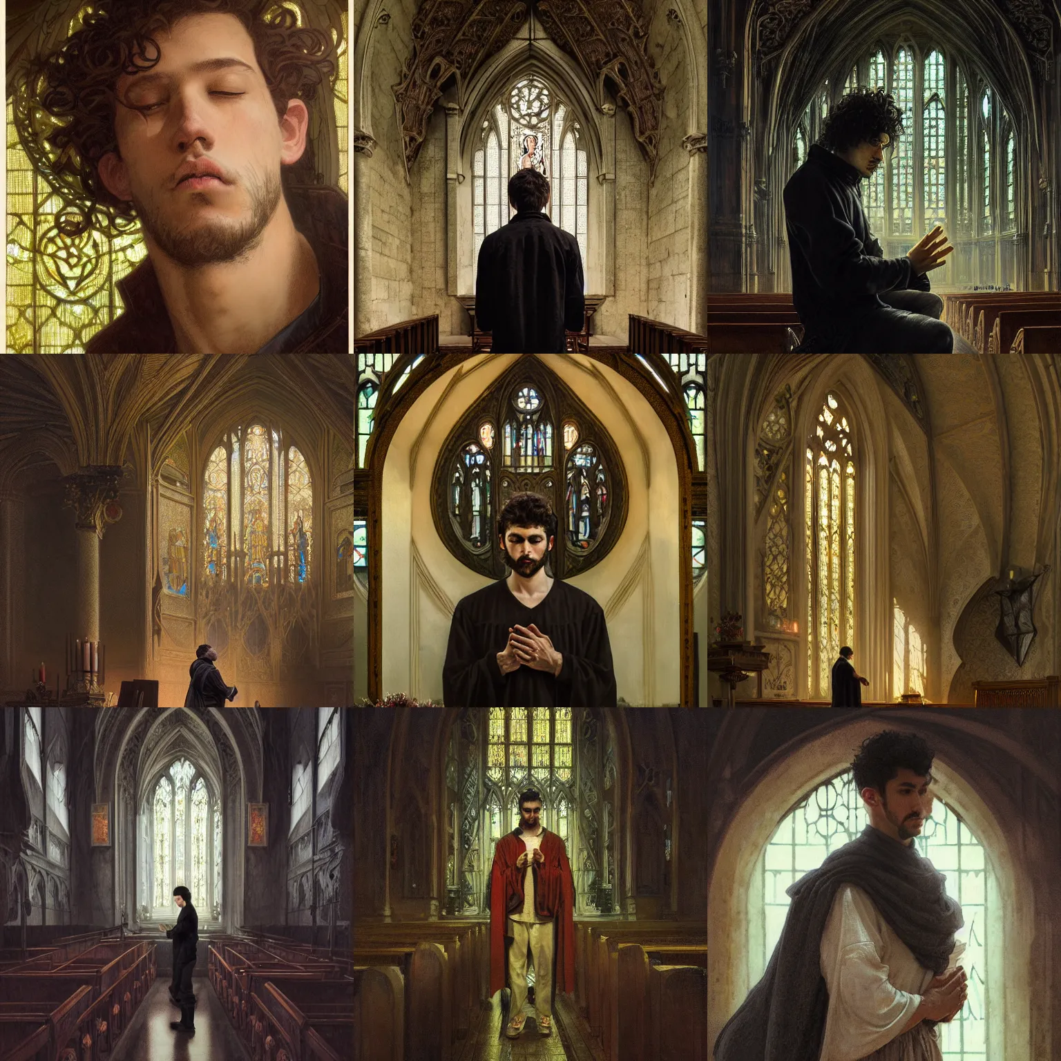 Prompt: portrait of man praying in church, face, young, male, short curly hair, gothic, intricate, brooding, ethereal, highly detailed, cinematic lighting, digital painting, greg rutkowski, alphonse mucha, zhang han, bayard wu, valentina remenar, 8 k