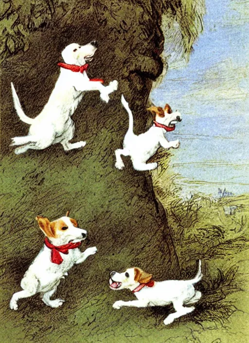 Image similar to jack russel terrier jumping over and over, illustrated by peggy fortnum and beatrix potter and sir john tenniel