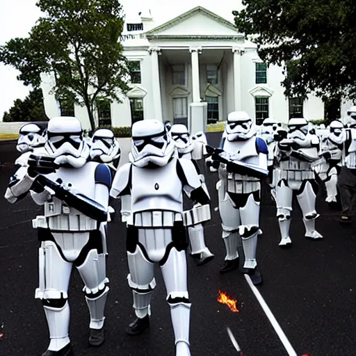 Image similar to a still candid image of hundreds of star wars stormtropers rioting in front of a the white house in washington.!!!, flaming torches and pitchforks