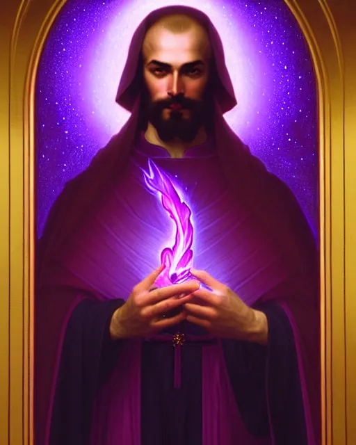 Image similar to portrait of saint germain, he is holding the violet purple indigo flame, completely violet colored, intricate, elegant, highly detailed, digital painting, artstation, concept art, smooth, sharp focus, illustration, art by artgerm and greg rutkowski and fra angelico and alphons mucha