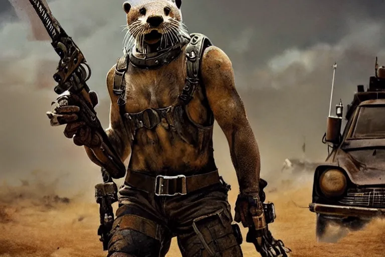 Image similar to a good ol'otter fursona ( from the furry fandom ), heavily armed and armored facing down armageddon in a dark and gritty version from the makers of mad max : fury road. witness me.