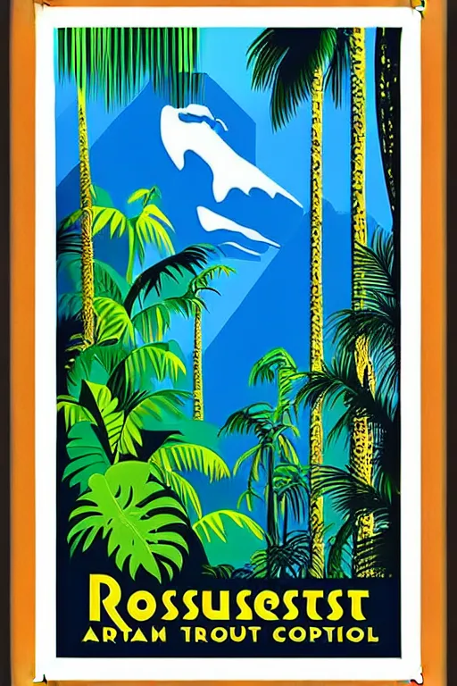 Image similar to art deco travel poster. rainforest, framed poster, hires