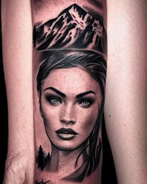 Image similar to creative double exposure effect tattoo design sketch of megan fox faded with beautiful mountain scenery, realism tattoo, in the style of matteo pasqualin, amazing detail, sharp