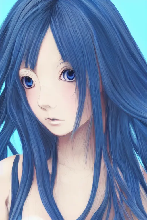 Image similar to close up portrait of an anime girl, blue long hair, by mai yoneyama, anime stile, cell shading, blurred background