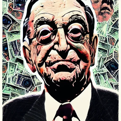 Image similar to George Soros full body shot, dollar bills Body horror, biopunk, by Ralph Steadman, Francis Bacon, Hunter S Thompson