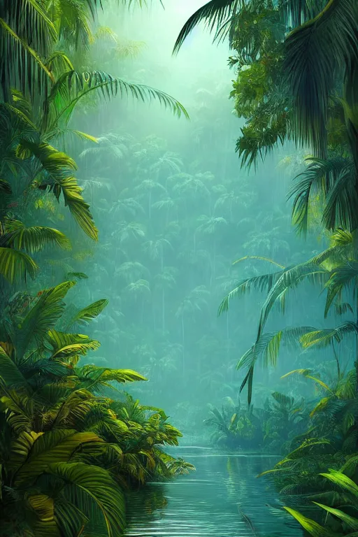 Image similar to a tropical forest near the mangrove of florida everglades, tone mapped, shiny, intricate, cinematic lighting, highly detailed, digital painting, artstation, concept art, smooth, sharp focus, illustration, malika favre