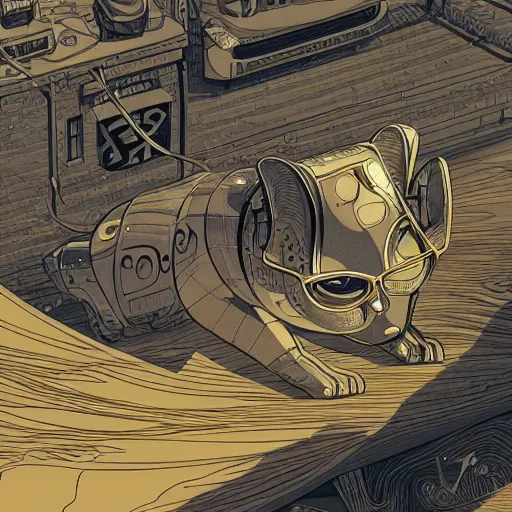 Image similar to gold and silver tones, cybernetic cat in a deserted town, style of moebius, james jean, rutkowski, mcbess, cinematic, high detail, award winning, 8 k photorealistic