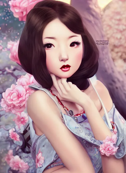 Image similar to a pin up and beautiful fashion dreamlke japan girl with lv jewelry, character art, art by artgerm, wlop, loish, hyperdetailed, 8 k realistic, symmetrical, global illumination, radiant light, frostbite 3 engine, cryengine, dof, trending on artstation, digital art, chanel, dior, detailed background