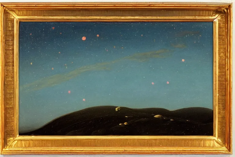 Image similar to night sky with clouds and stars, colorful, canvas, very detailed, oil painting, canvas, Theodor Kittelsen