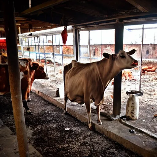 Image similar to dirty bottle of milk and a cow inside slaughterhouse