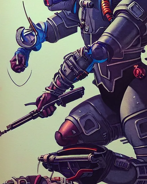 Image similar to hanzo from overwatch, cyber suit, archer, character portrait, portrait, close up, concept art, intricate details, highly detailed, vintage sci - fi poster, retro future, vintage sci - fi art, in the style of chris foss, rodger dean, moebius, michael whelan, katsuhiro otomo, and gustave dore