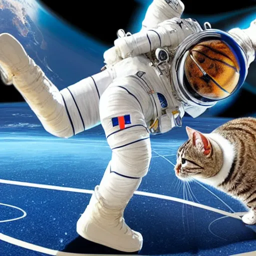 Image similar to An astronaut playing basketball with cats in space