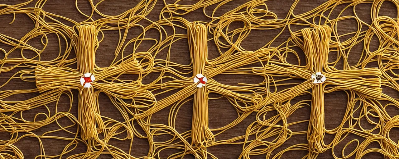 Image similar to a cross made out spaghetti, worn by knights in the crusades, kodachrome, in the style of wes anderson