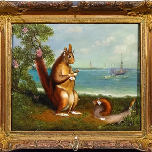 Image similar to a giant squirrel carrying napoleon!!! on its back, beach scene with flowers and foliage, detailed oil painting