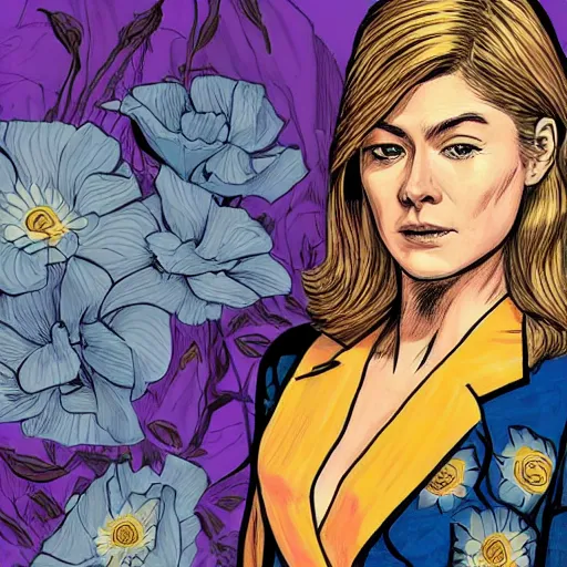 Image similar to rosamund pike as the doctor, dark - hair, wearing a floral pattern suit, bold complementary colours, 2 d matte, graphic novel, art by pepe larraz,