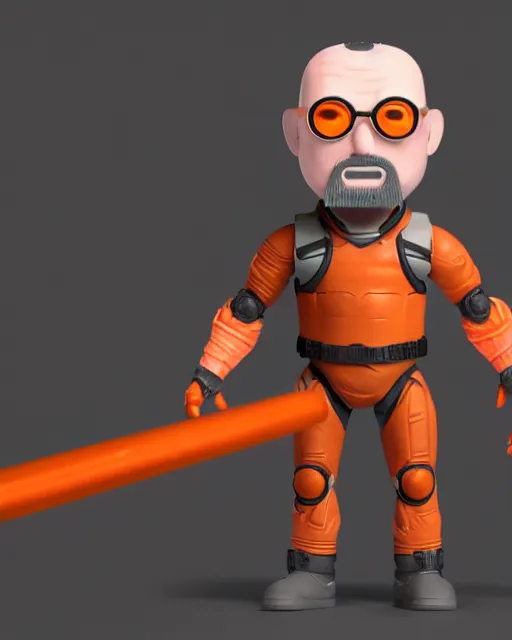 Image similar to full body 3d render of gordon freeman in his hev suit as a funko pop, studio lighting, white background, blender, trending on artstation, 8k, highly detailed