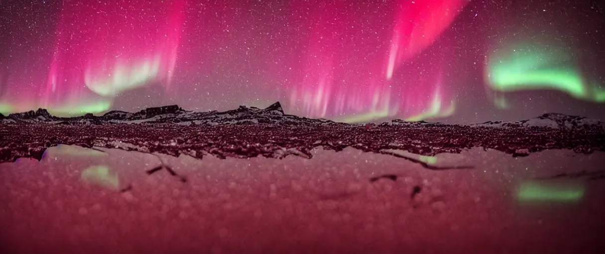 Image similar to an ground level extreme closeup movie like 3 5 mm film depth of field photograph a puddle of dark red wine under the northern lights in antarctica at night, in the style of macro photography, in the style of a 1 9 8 0 s horror film