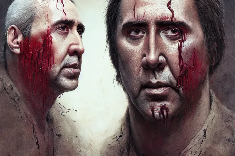 Image similar to Nicolas Cage face with body of rotten worm, dark fantasy, intricate, highly detailed, smooth, artstation, painted by Wayne Barlowe, Greg Rutkowski, zdislav beksinski, Francis Bacon