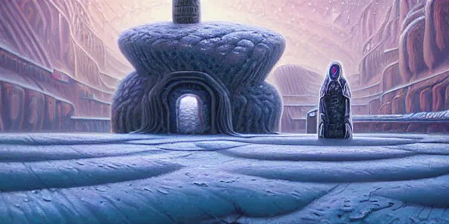 Prompt: painting artic snow covered alien mushroom labyrinth consuming futuristic mega city from blade in the style of florapunk by tomasz alen kopera and daniel lieske with futuristic castle by simon stahlenhag