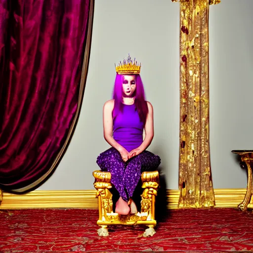 Prompt: A 4k photo skinny woman with purple hair wearing a diamond crown, sitting in a red throne in a dark and obscure room.