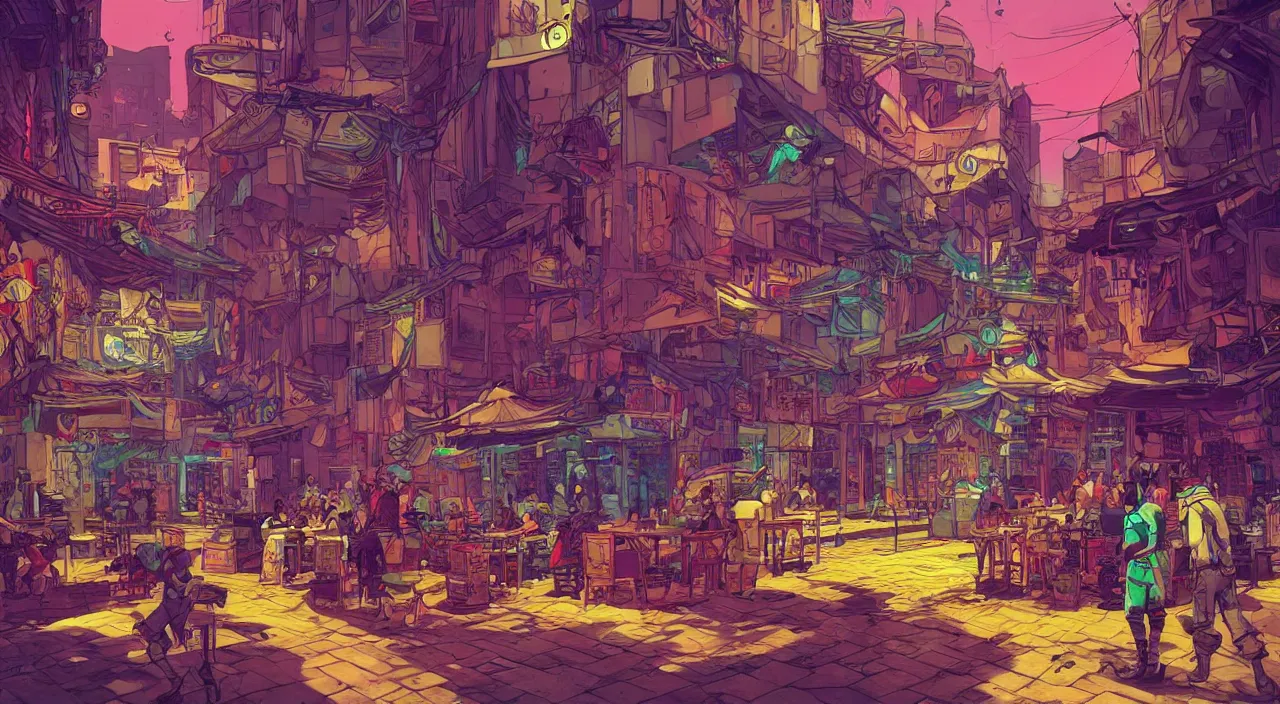 Image similar to bazaar zouk oriantal full color sky shine place mosquet painting stylized digital illustration video game icon global illumination ray tracing that looks like it is from borderlands and by feng zhu and loish and laurie greasley, victo ngai, andreas rocha, john harris