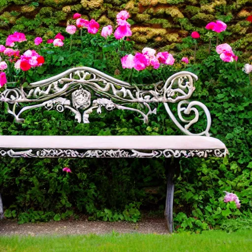 Prompt: ornate bench in a beautiful english rose garden